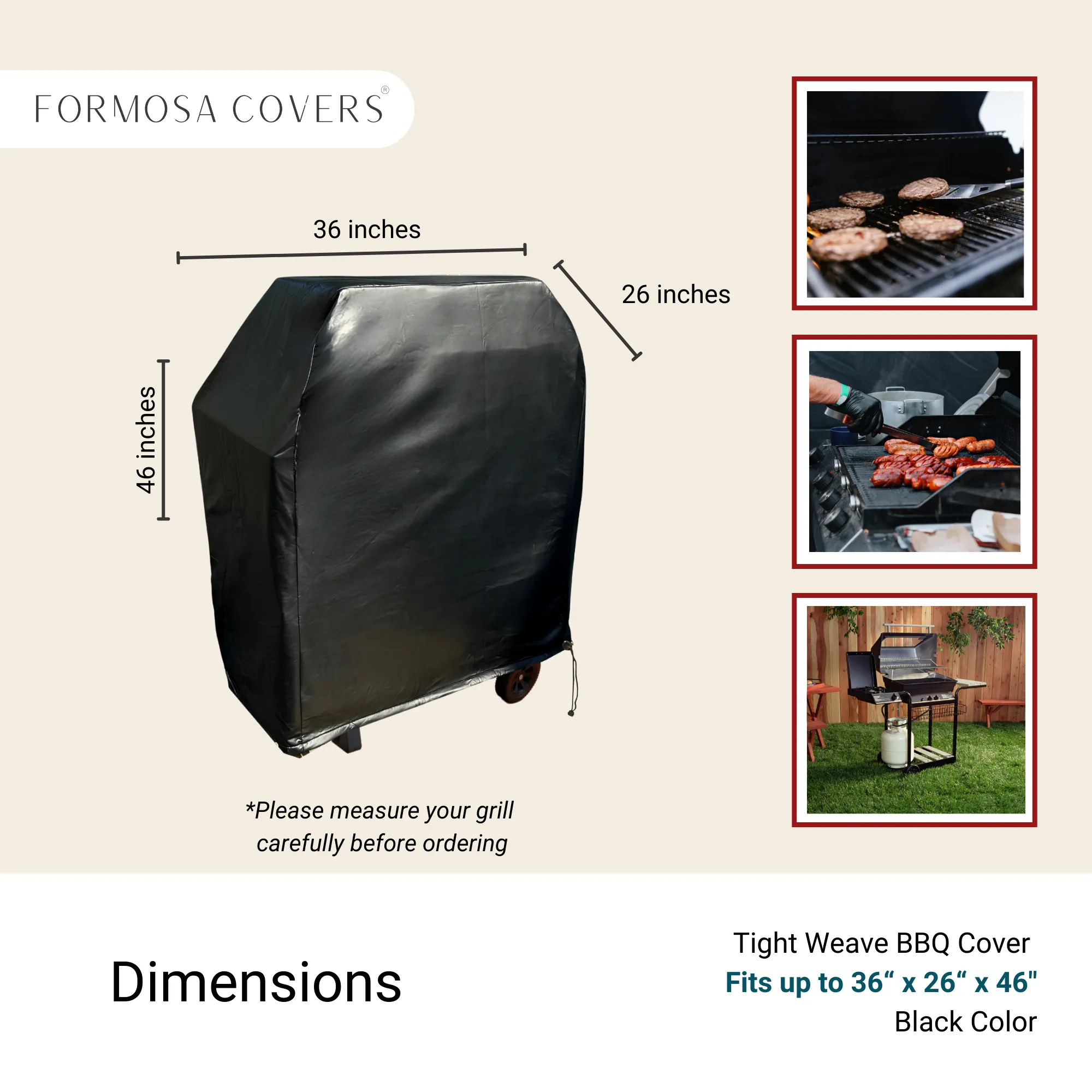BBQ Outdoor Grill Cover 36"L x 26"D x 46"H Black Vinyl