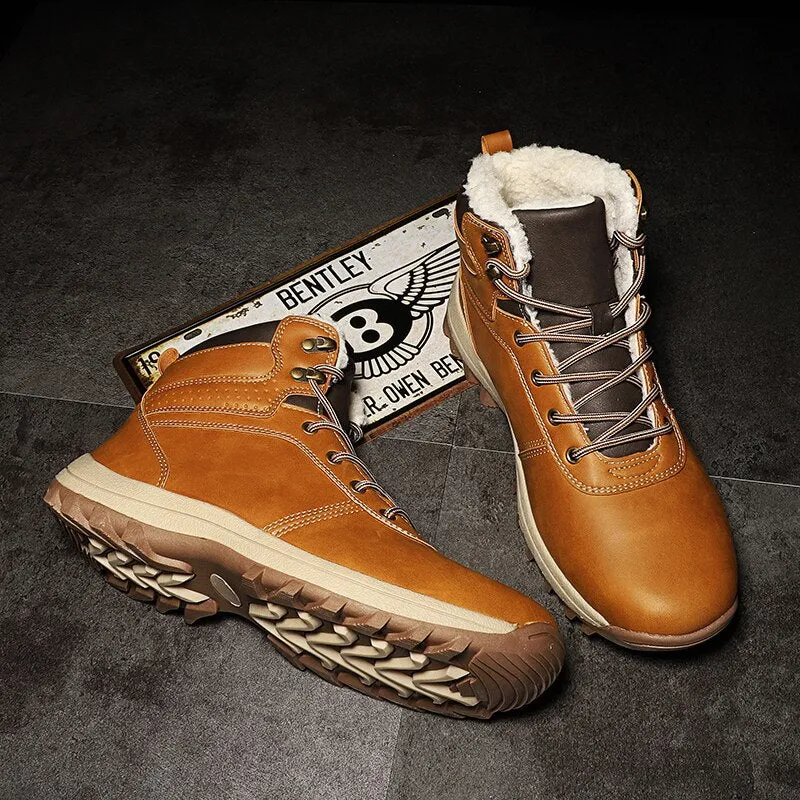 Hnzxzm Winter Warm Men Boots Genuine Leather Fur Plus Men Snow Boots Handmade Waterproof Working Ankle Boots High Top Men Shoes