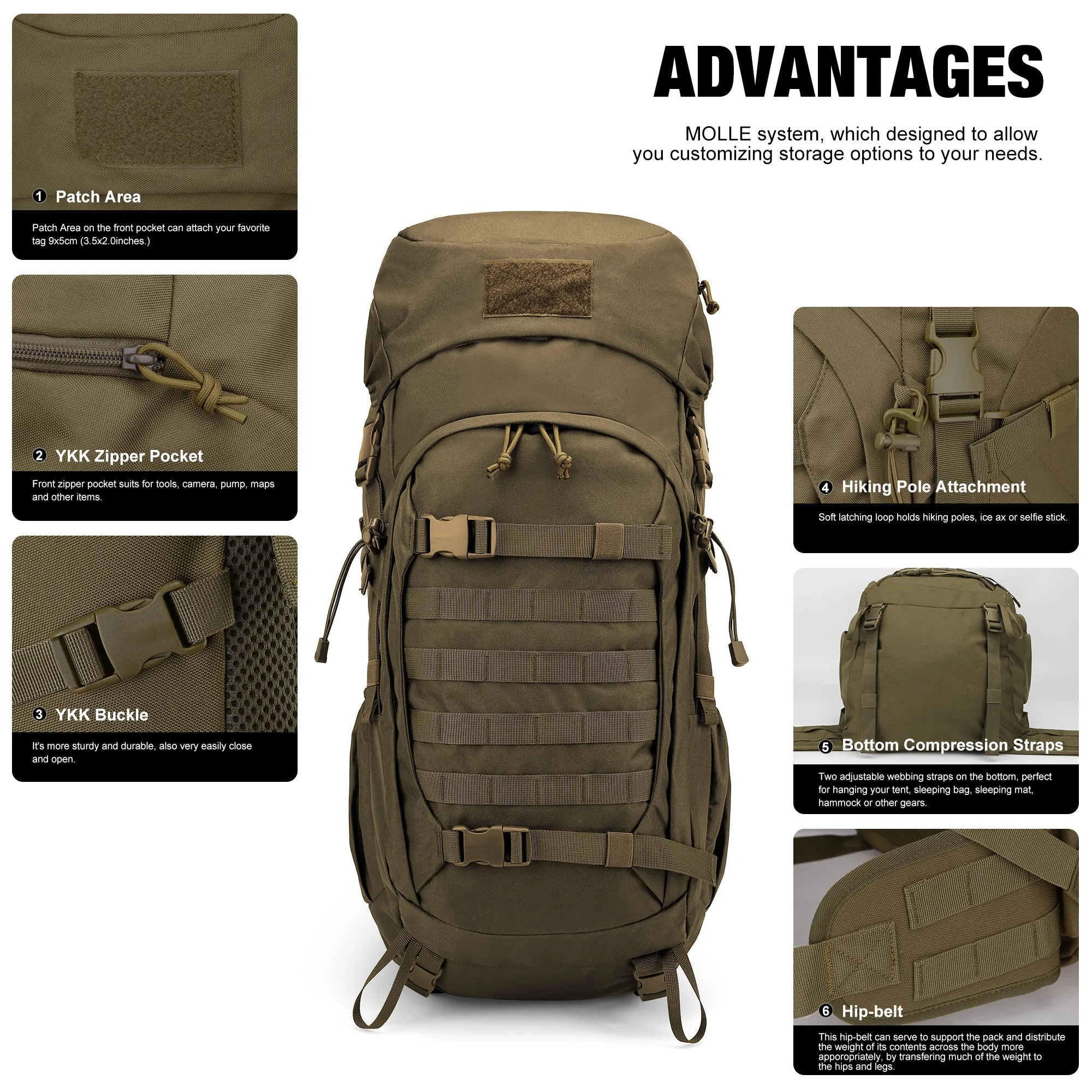 Mardingtop 50L Molle Hiking Internal Frame Backpacks with Rain Cover