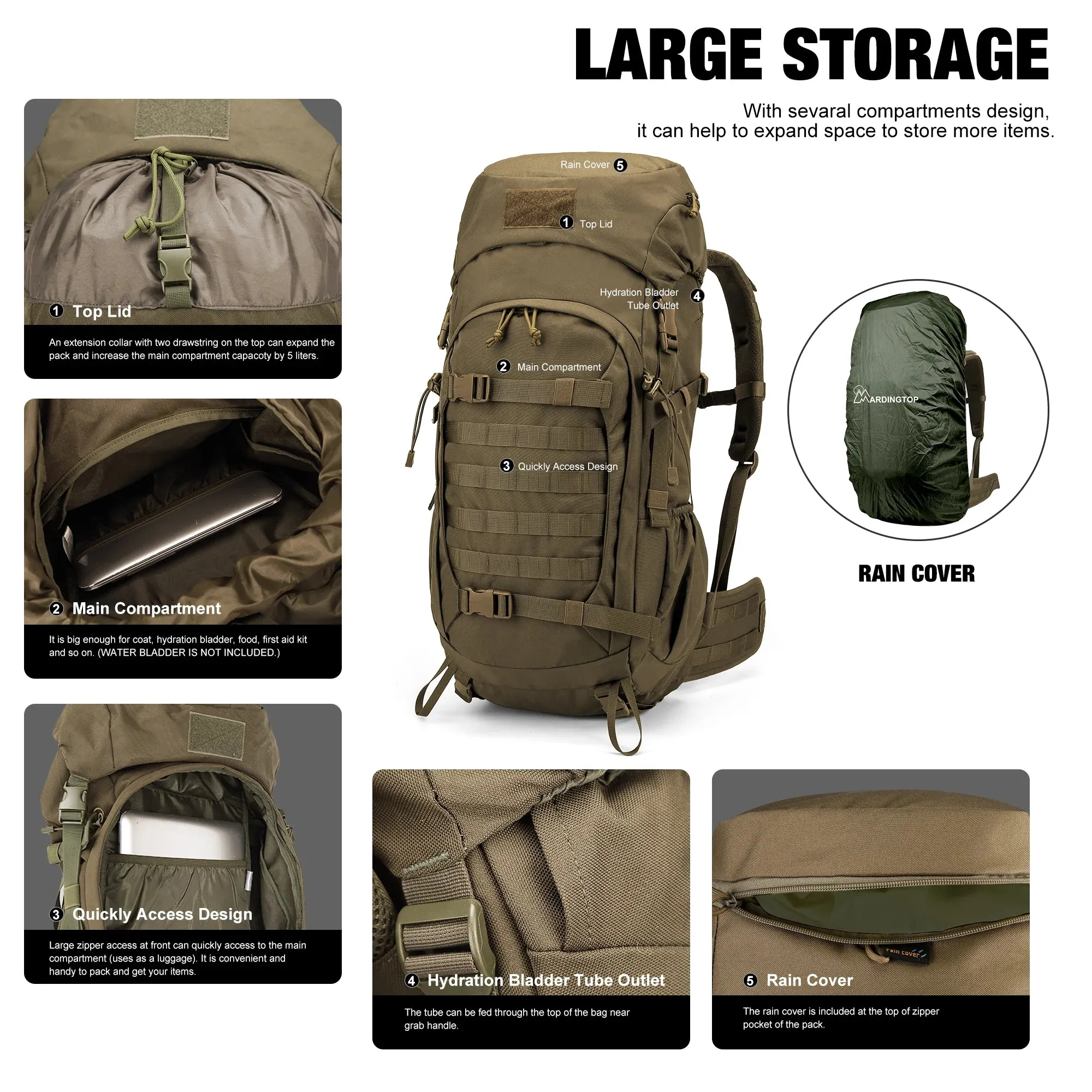 Mardingtop 50L Molle Hiking Internal Frame Backpacks with Rain Cover