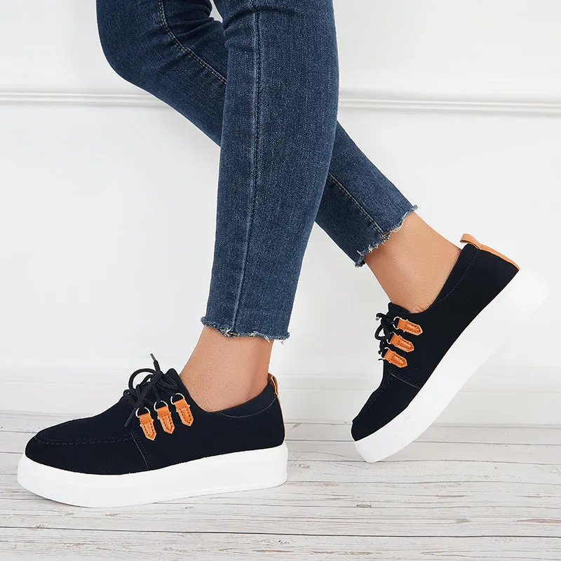 Sohiwoo  Women Casual Low Top Platform Sneakers Lace Up Walking Shoes