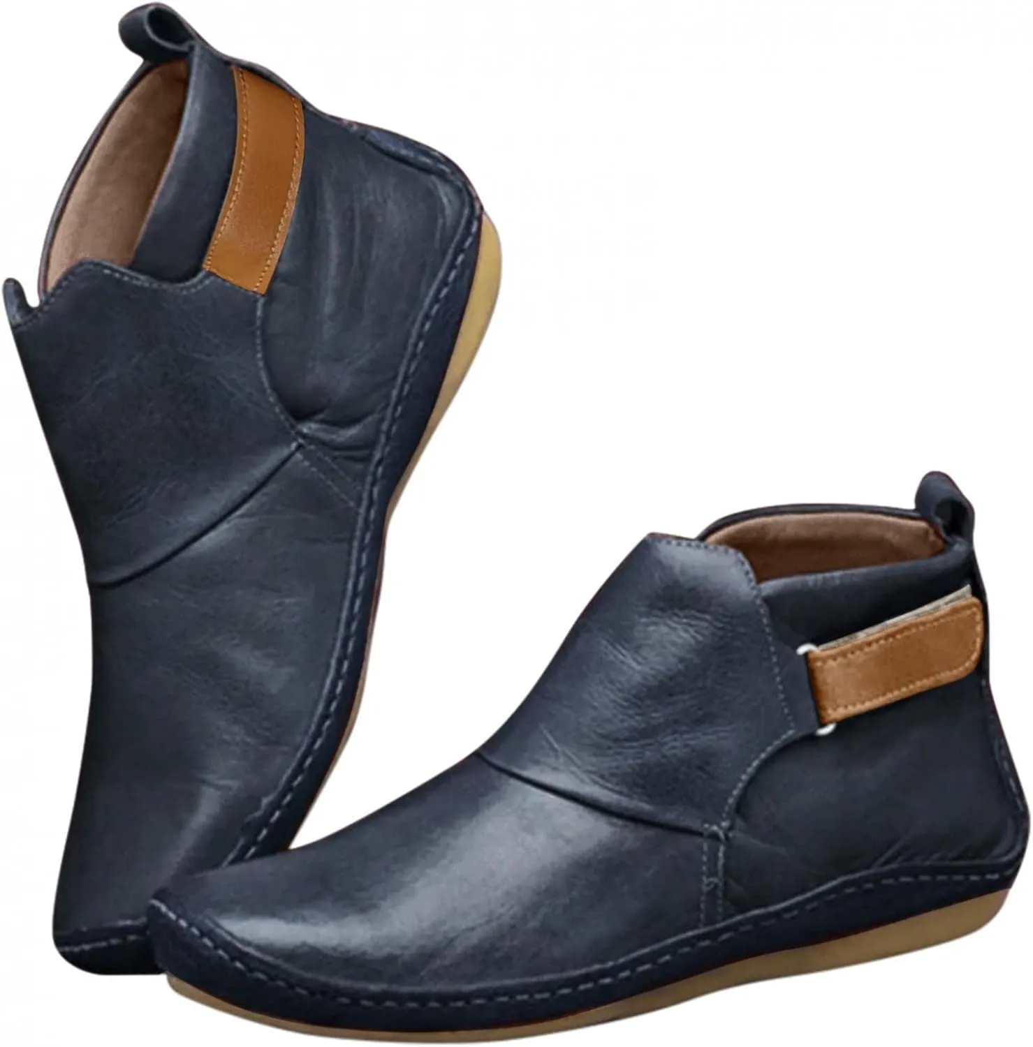 Women Boots No Heel 2022 New Arch Support Boots Side Zipper Vintage Leather Damping Shoes Flat Booties