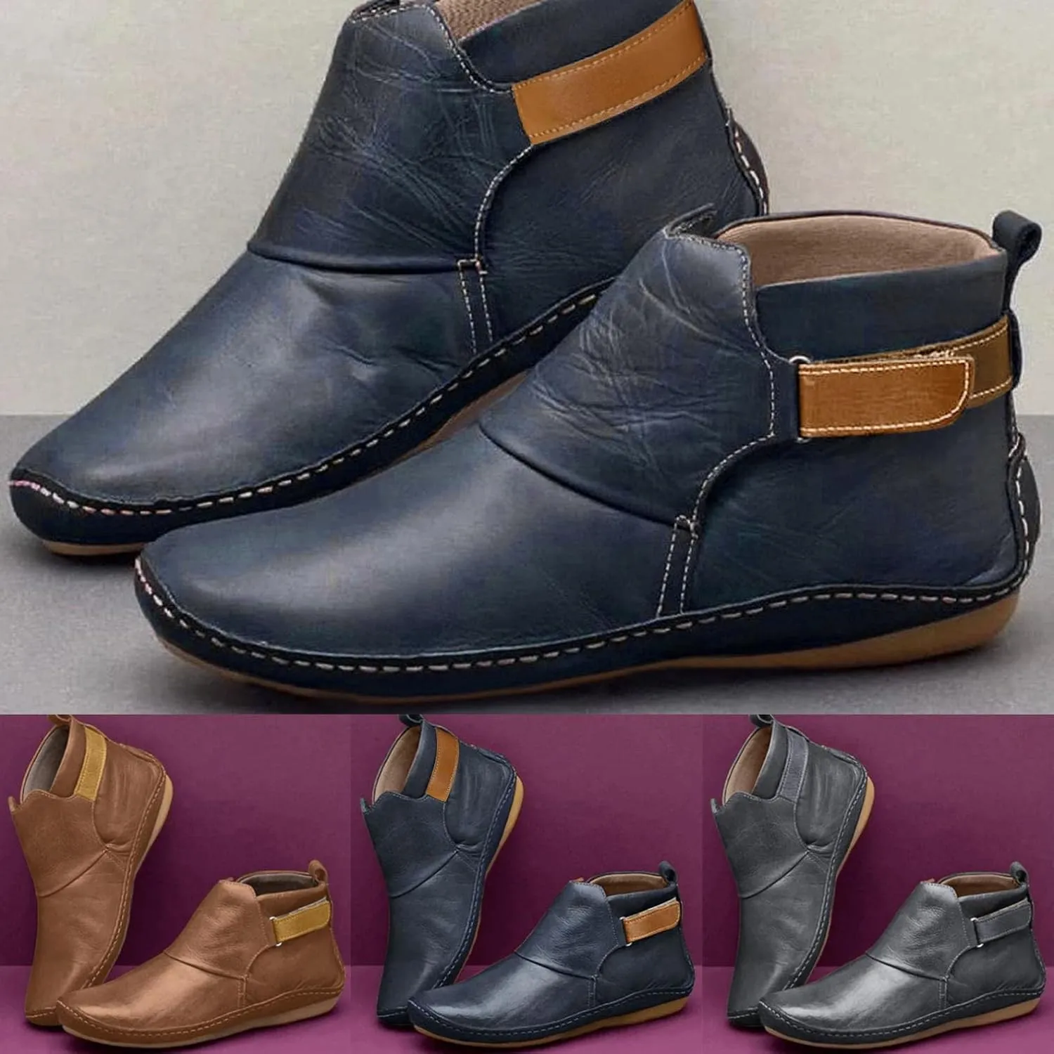 Women Boots No Heel 2022 New Arch Support Boots Side Zipper Vintage Leather Damping Shoes Flat Booties