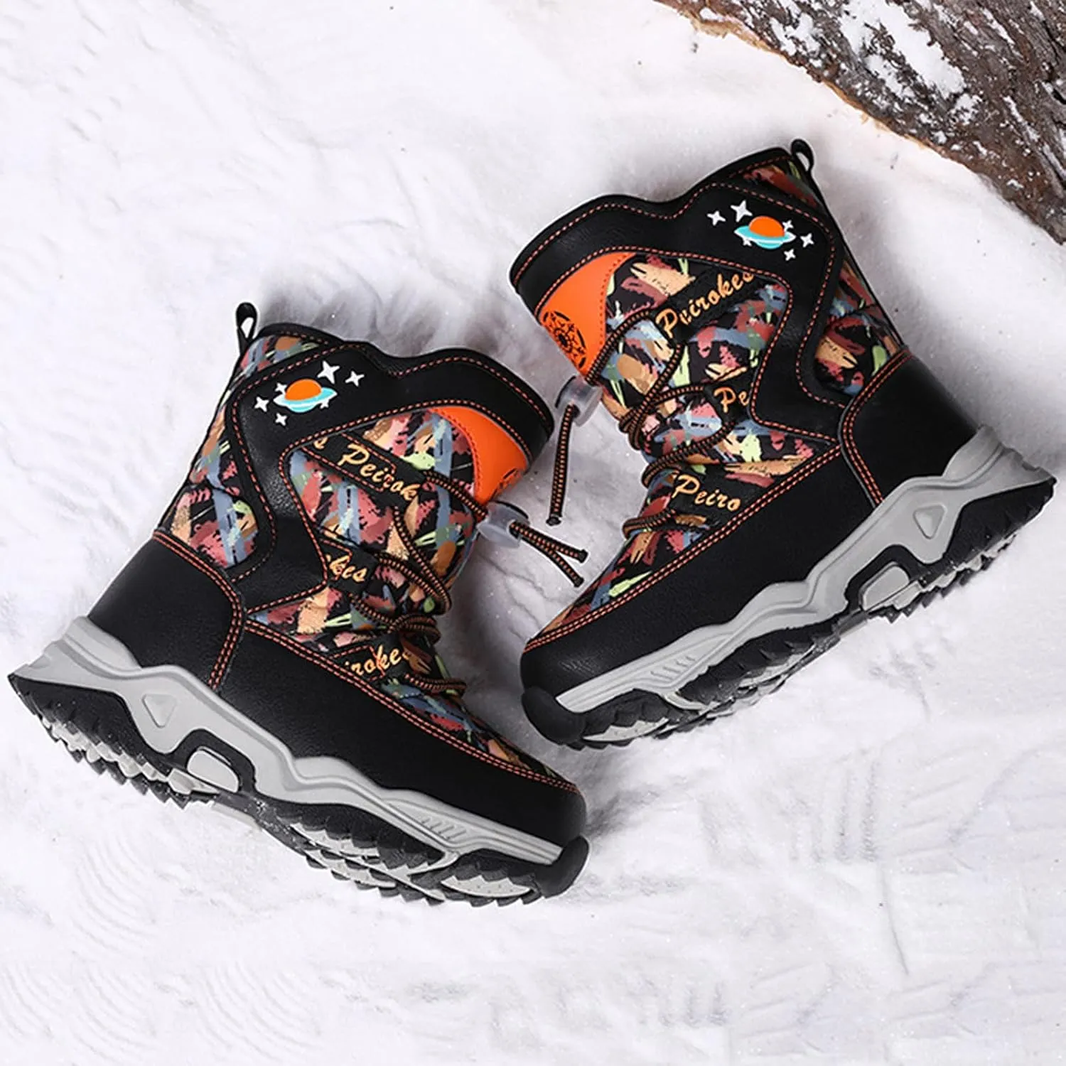WUIWUIYU Kids Boys Girls Outdoors Lightweight Thick Fur Lined Hook&Loop Antislip Winter Snow Boots Cute Booties