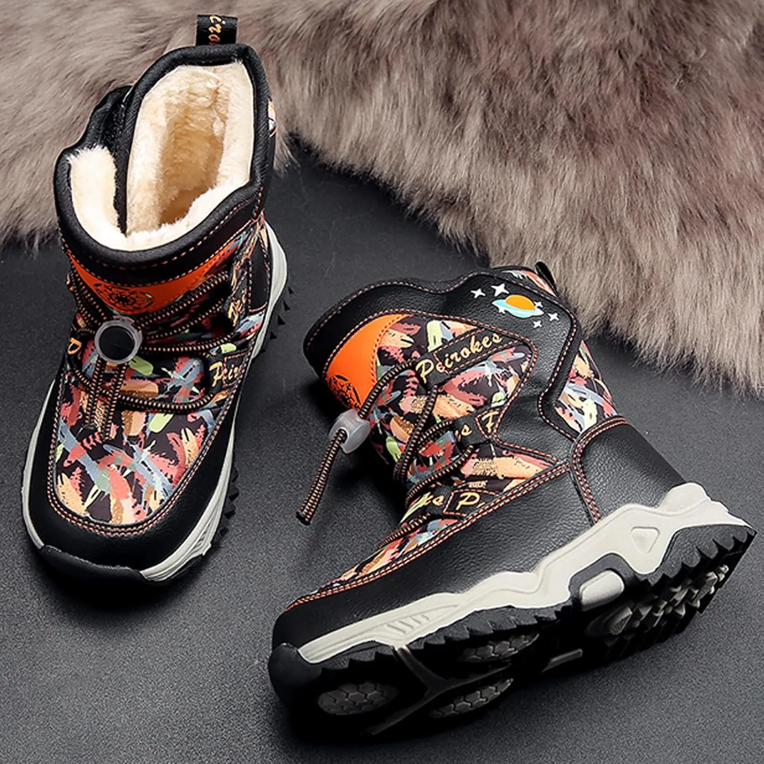 WUIWUIYU Kids Boys Girls Outdoors Lightweight Thick Fur Lined Hook&Loop Antislip Winter Snow Boots Cute Booties